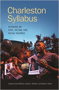 This is the book cover of Williams et. al's Charleston Syllabus. This image shows black individuals holding up photos and black balloons