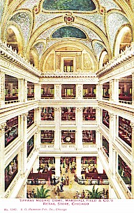 This is a post card of Interior of Marshall Field & Co., 1905 and shows a hotel lobby and 5 floors