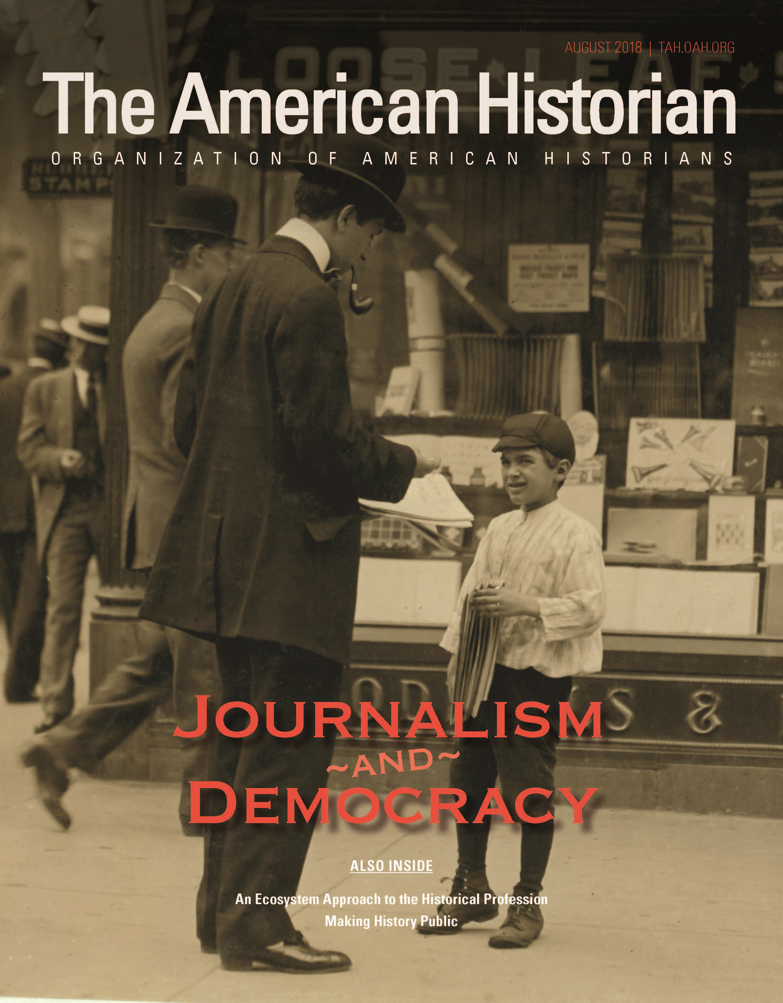 This issue's cover is a brown and white photograph of a man with a pipe, pad, and pen, interviewing a child on the street, with the issue title 