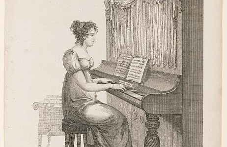 a drawing of a woman seated and playing either a piano