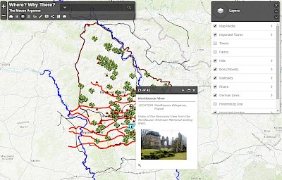 A screen capture of a Civil War GIS map that contains layers for battles, railroads, rivers, cities, and geo-tagged primary sources