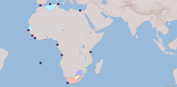 gif of a map of Africa, with the changing locations of the US consular service from 1862-1919