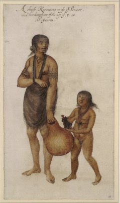 watercolor of the wife of Chief Pomeiooc and her preadolescent daughter listed as fig 1 above 