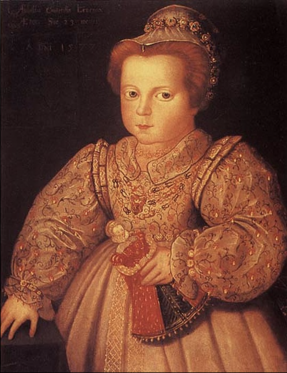 A young Arbella Stuart clutches a small doll, mentioned as figure 2, above.