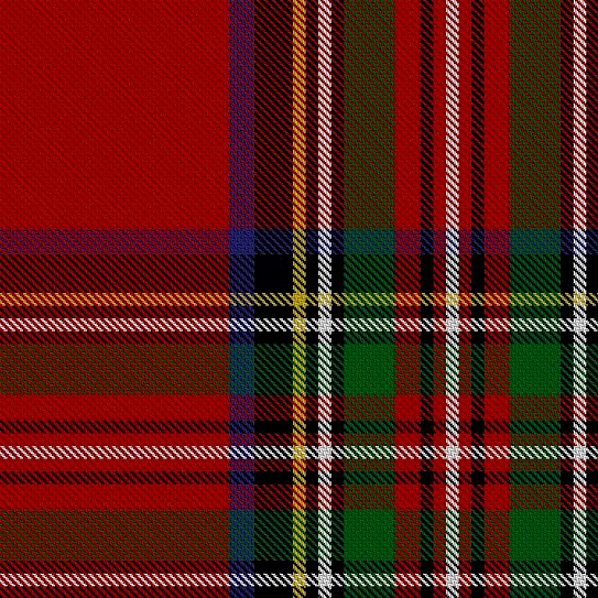 A piece of red twill-weave fabric, crisscrossed with multicolored horizontal and vertical bands