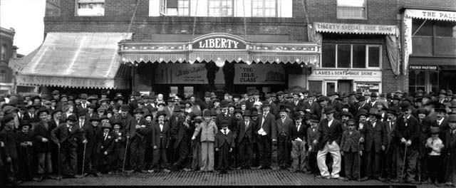 A crowd of men dressed like the actor Charlie Chaplin