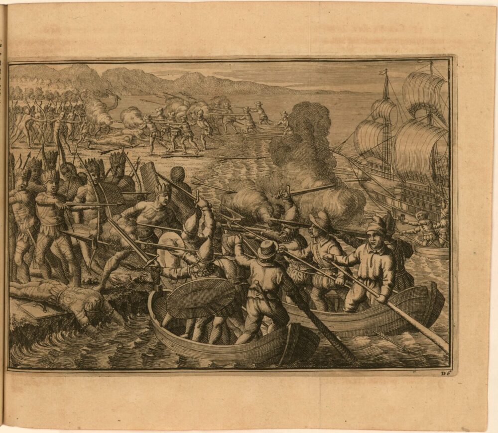 A European drawing of a battle between Europeans and Indigenous peoples