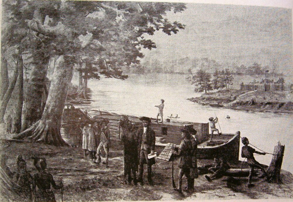 : Arrival of Rufus Putnam and the forty-eight pioneers at the mouth of the Muskingum River at the confluence of the Ohio and Muskingum rivers, on April 7, 1788.